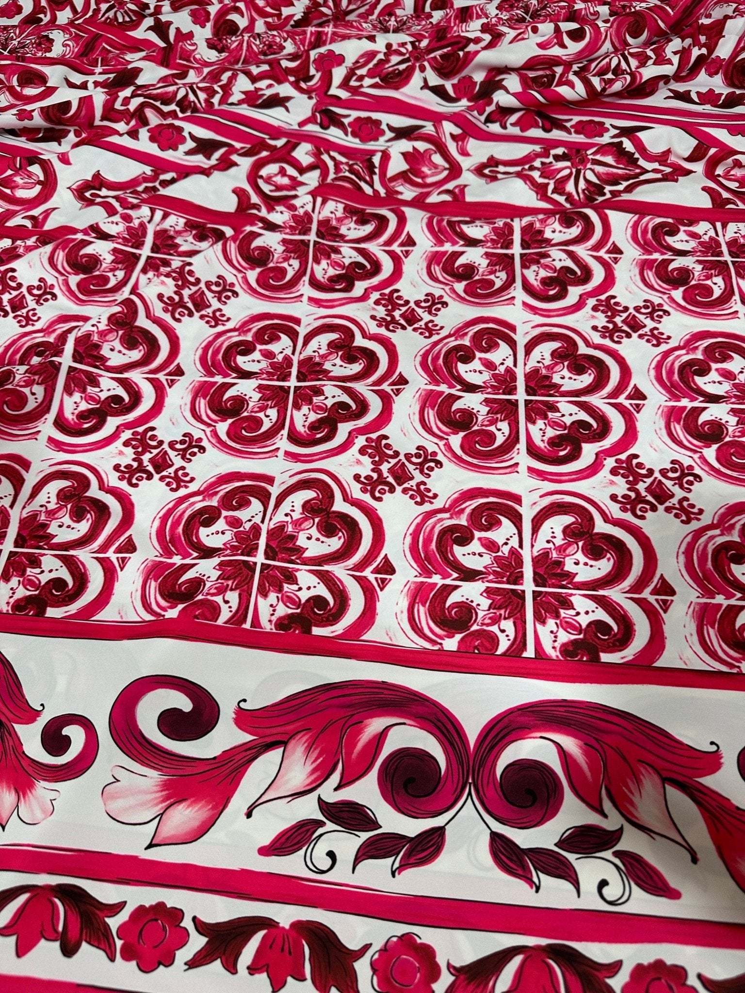 Pink Sicilian Majolica pattern fabric with intricate tile-inspired and floral designs