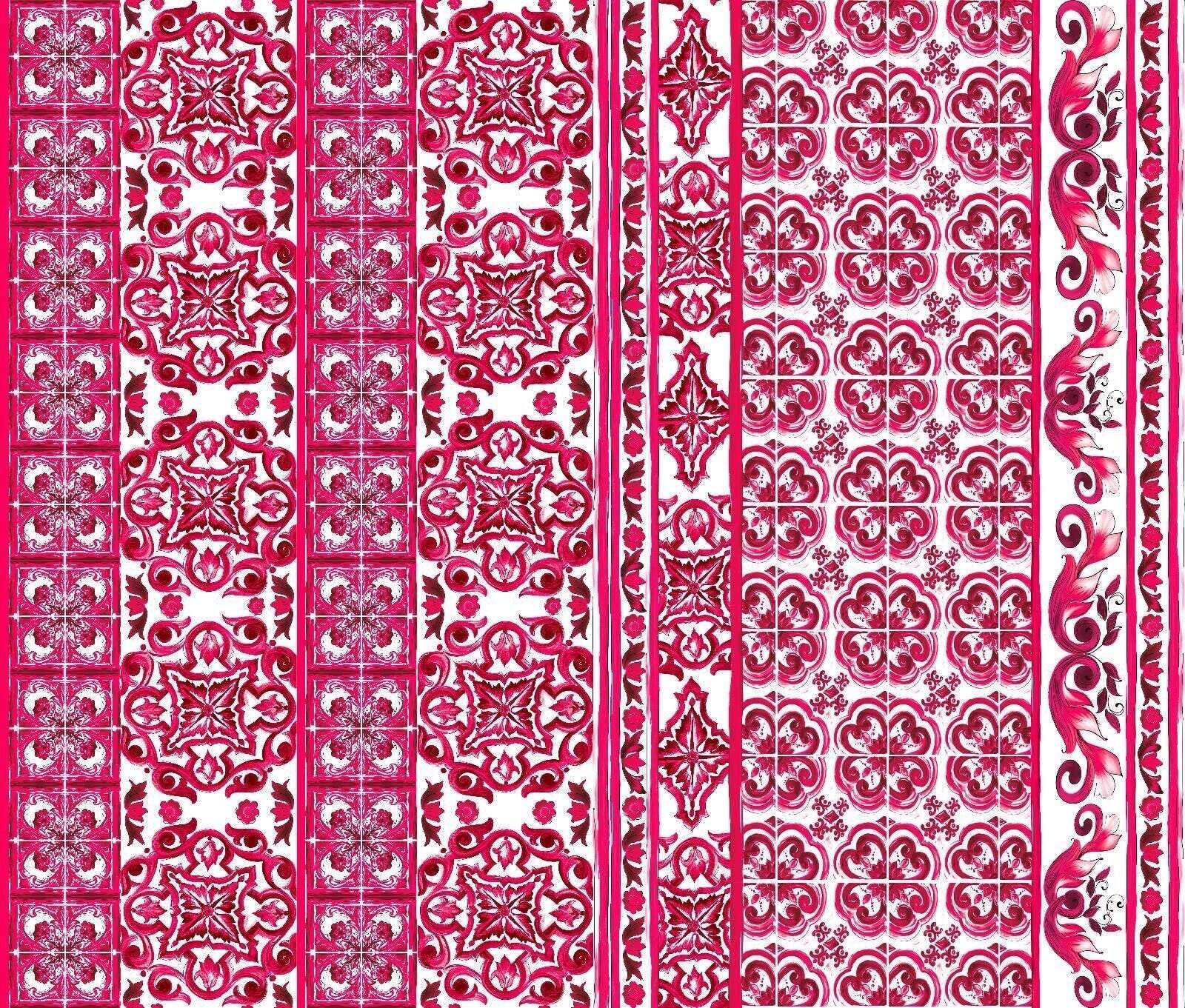Pink Sicilian Majolica pattern fabric with intricate floral and geometric designs in vibrant pink and white, ideal for sewing and upholstery projects.