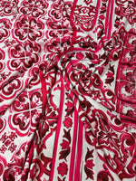 Pink Sicilian Majolica pattern fabric with intricate red and white tile-inspired design and 150cm width.