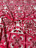 Pink Sicilian Majolica pattern fabric with intricate vibrant design and 150cm width