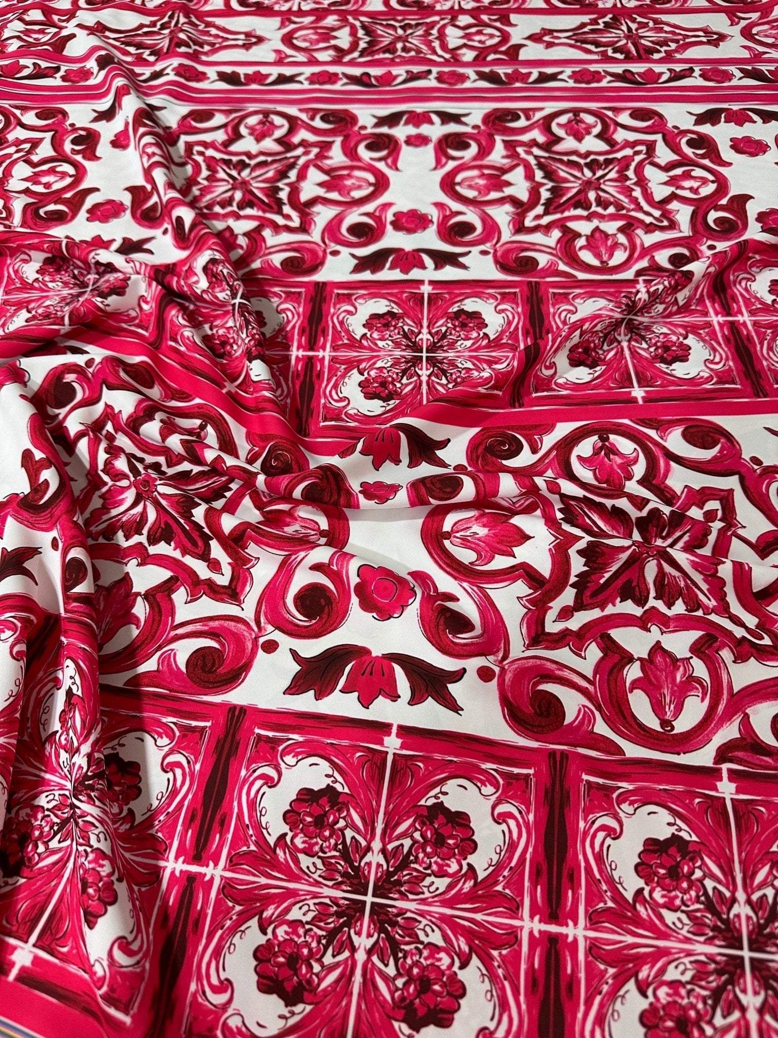 Pink Sicilian Majolica pattern fabric with intricate vibrant design and 150cm width