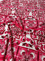 Pink Sicilian Majolica pattern fabric with intricate tile-inspired design and 150cm width