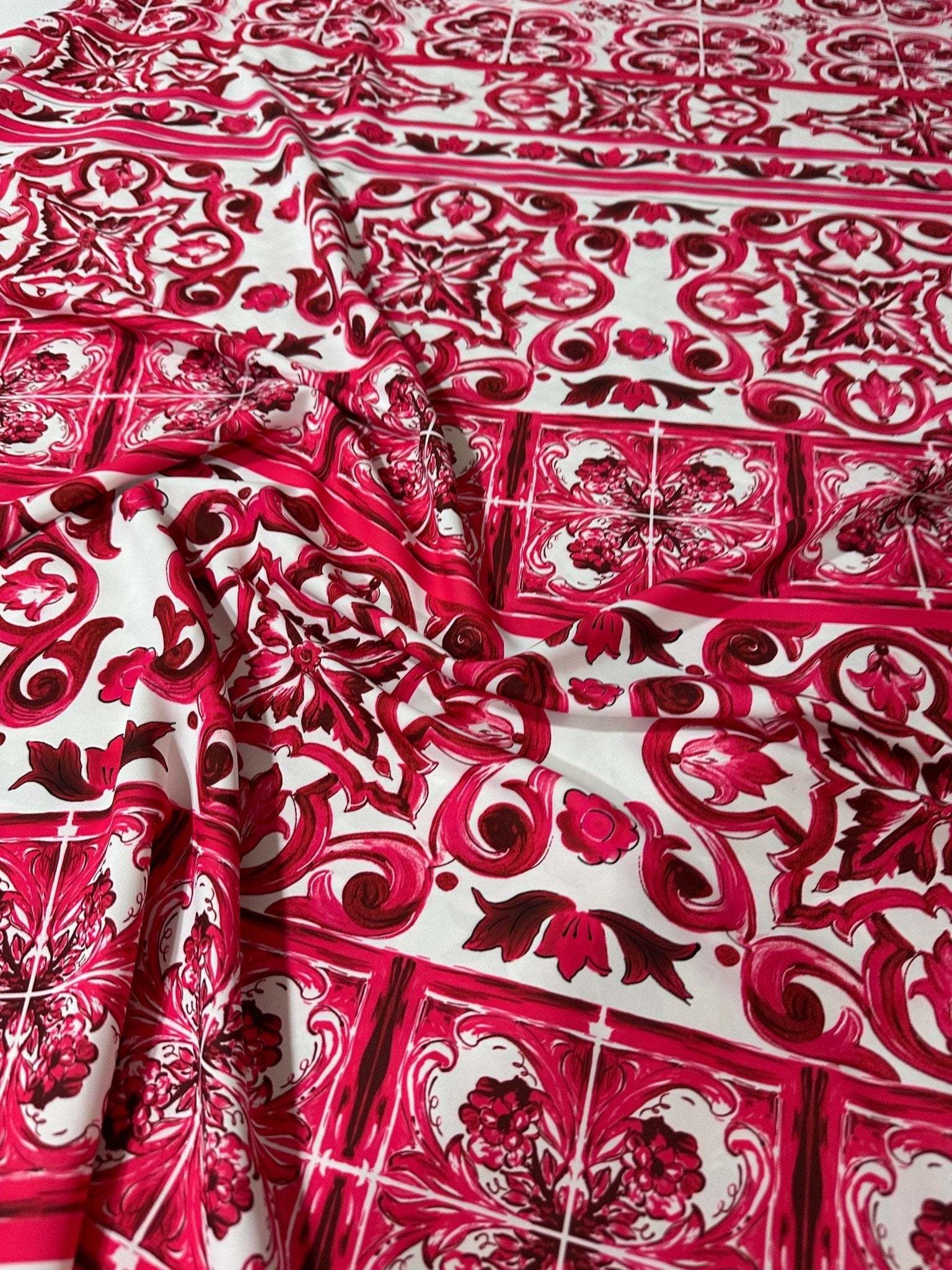 Pink Sicilian Majolica pattern fabric with intricate tile-inspired design and 150cm width