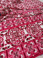 Pink Sicilian Majolica pattern fabric with intricate floral and geometric designs on white background