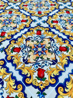 Colorful Majolica pattern fabric with intricate Sicilian floral and ornamental design
