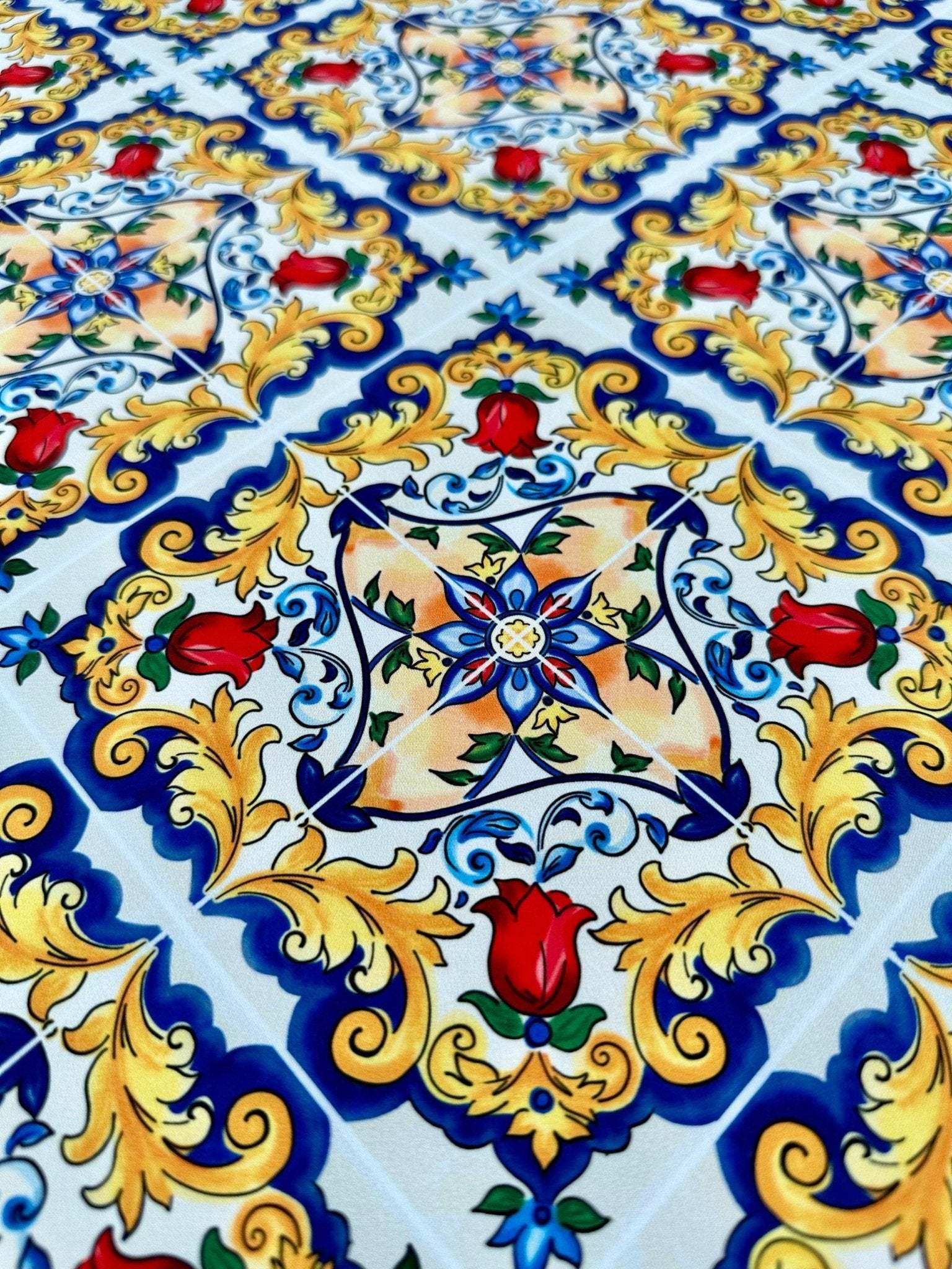 Colorful Majolica pattern fabric with intricate Sicilian floral and ornamental design