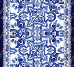 Blue and white baroque floral print fabric with intricate classical patterns and floral motifs, suitable for upholstery and drapery.