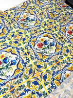 Blue and yellow floral Majolica pattern fabric with intricate traditional tile-inspired design