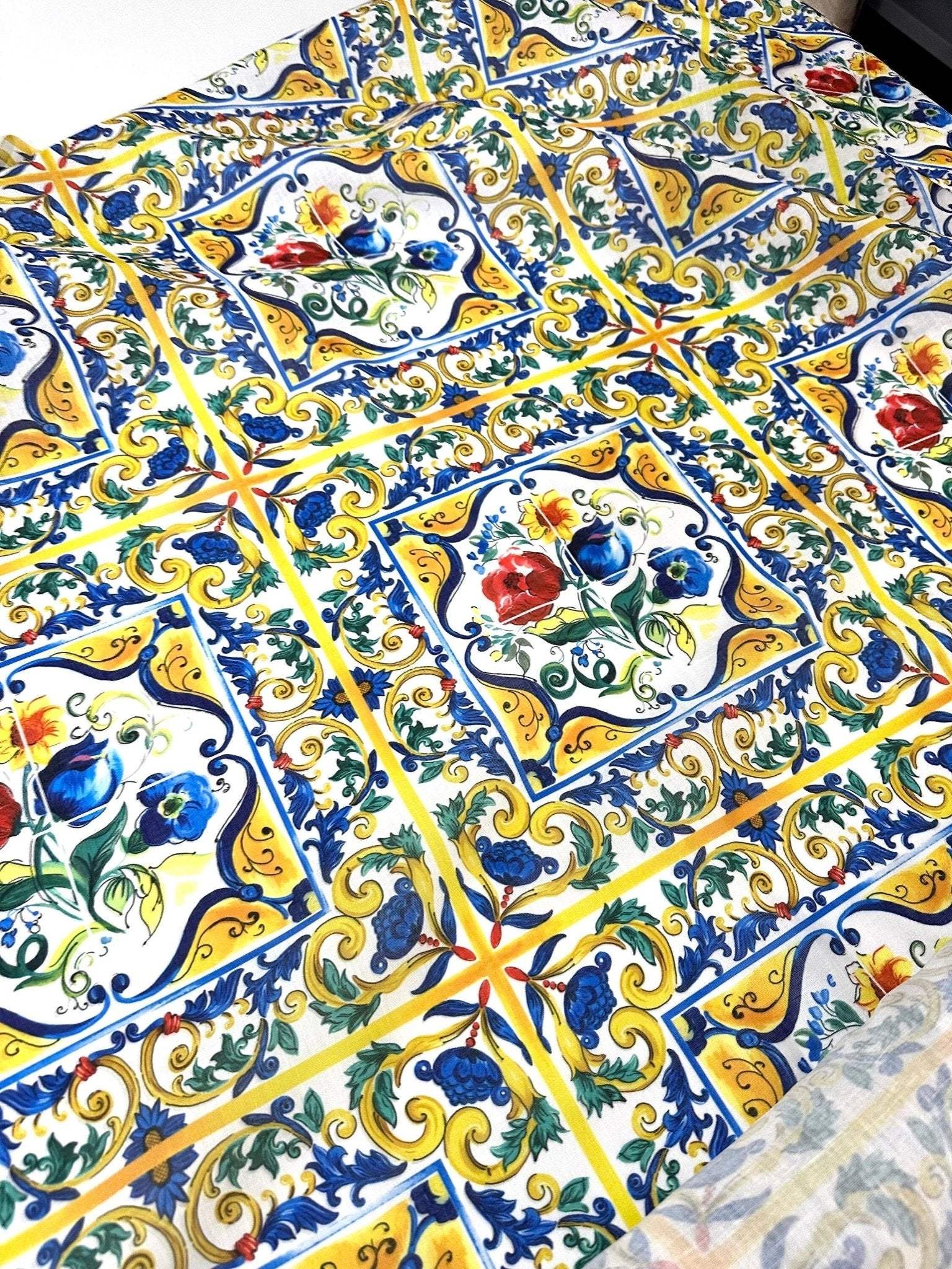 Blue and yellow floral Majolica pattern fabric with intricate traditional tile-inspired design