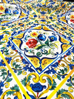 Blue and yellow floral majolica pattern fabric with intricate traditional tile-inspired design