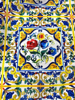 Blue and Yellow Floral Majolica Pattern Fabric with vibrant flowers and decorative scrollwork design