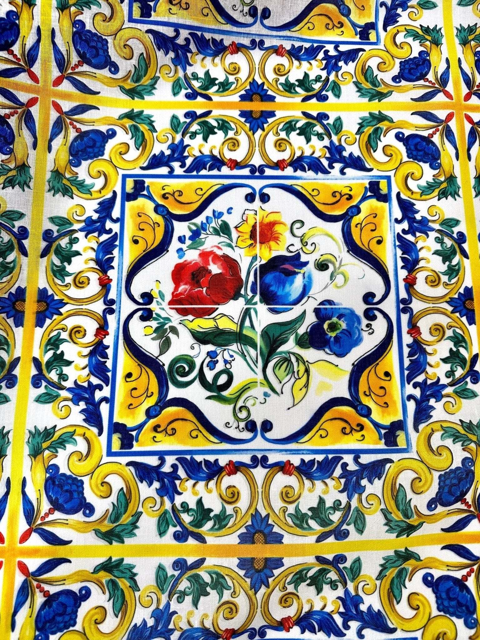 Blue and Yellow Floral Majolica Pattern Fabric with vibrant flowers and decorative scrollwork design
