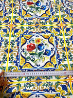 Blue and yellow floral majolica pattern fabric with intricate traditional design and vibrant flowers