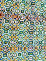 Yellow, blue, and green Mediterranean tile print fabric with vibrant intricate pattern and 150cm width