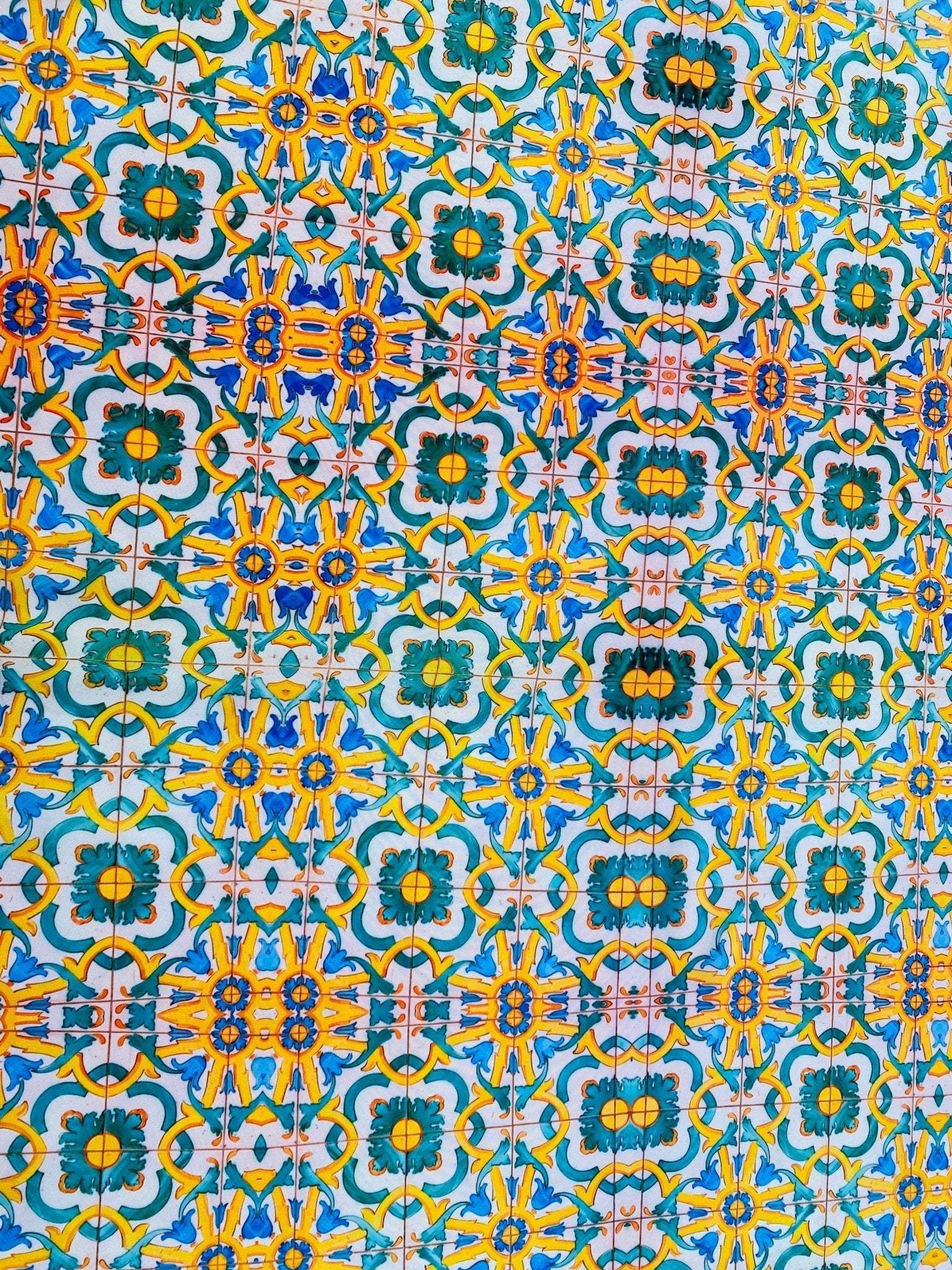 Yellow, blue, and green Mediterranean tile print fabric with vibrant intricate pattern and 150cm width