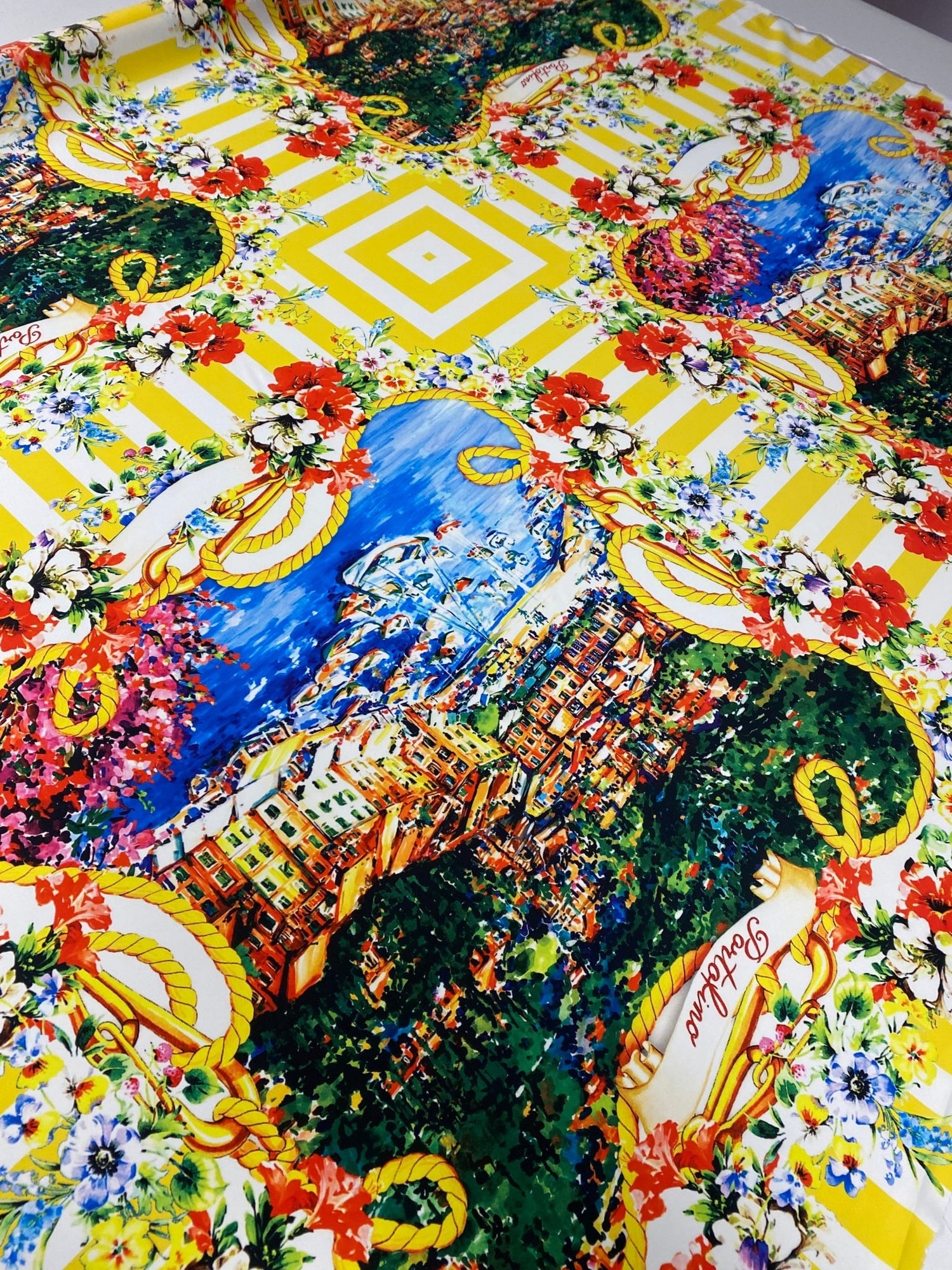 Mediterranean Print Crepe Fabric by the Metre – Yellow Stripes Floral - Whotex Online Fabric Store