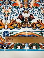 Mediterranean Tile Print Crepe Fabric by the Metre – Multicolour displayed with a ruler for size reference.