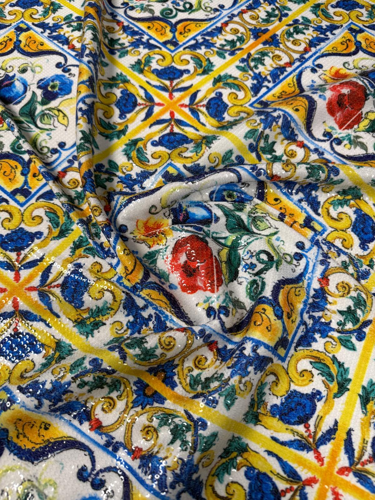 Mediterranean Tile Sequin Fabric for Dresses - Whotex Fabrics London