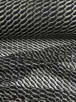 Black zigzag mesh lace fabric with intricate pattern and elegant texture for fashion designs