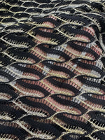 Black zigzag mesh lace fabric with intricate pattern for elegant fashion designs