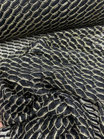 Black zigzag mesh lace fabric with intricate textured pattern for elegant fashion designs