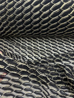 Black zigzag mesh lace fabric with intricate pattern for elegant fashion designs