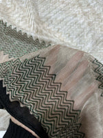Gray zigzag knit jersey fabric with green glitter breathable mesh detail