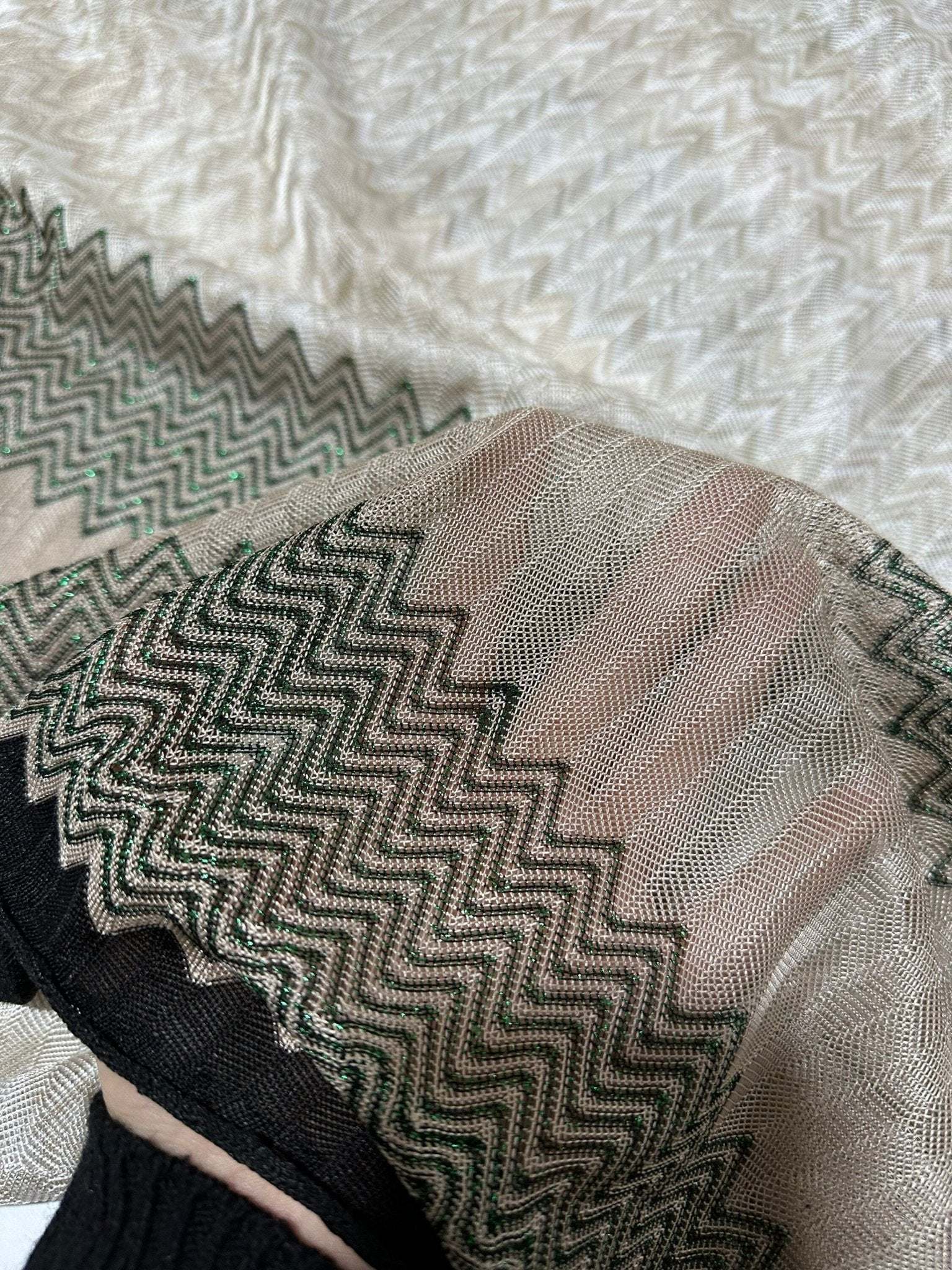 Gray zigzag knit jersey fabric with green glitter breathable mesh detail