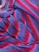 Pleated power mesh fabric with shiny threads in purple and pink gradient, lightweight and soft texture