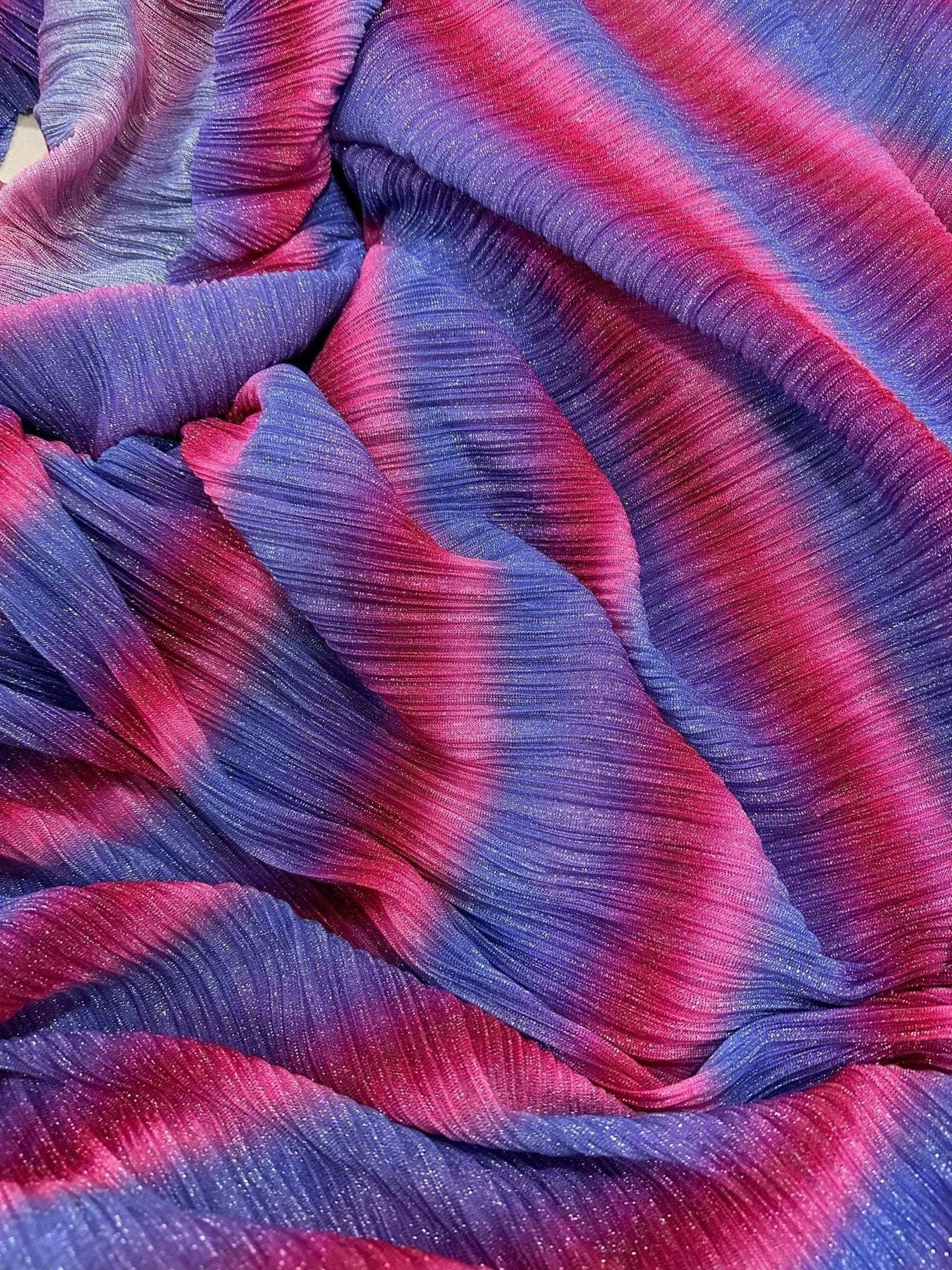 Pleated power mesh fabric with shiny threads in purple and pink gradient, lightweight and soft texture