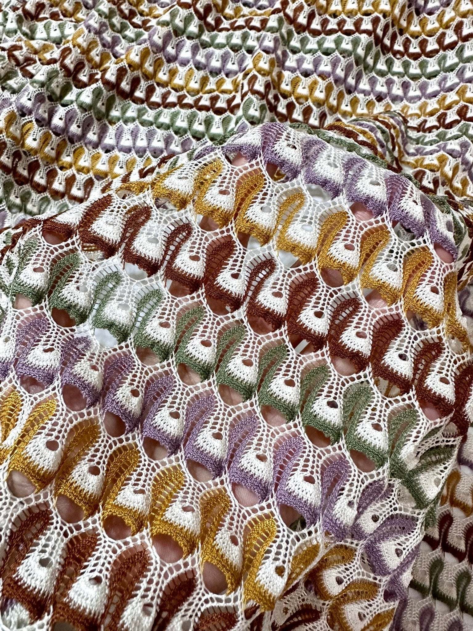 Soft Color Zigzag Knit jersey mesh fabric with multicolor zigzag pattern for apparel and crafts