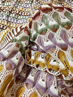 Soft Color Zigzag Knit jersey mesh fabric with multicolor zigzag pattern and open knit texture for apparel and crafts