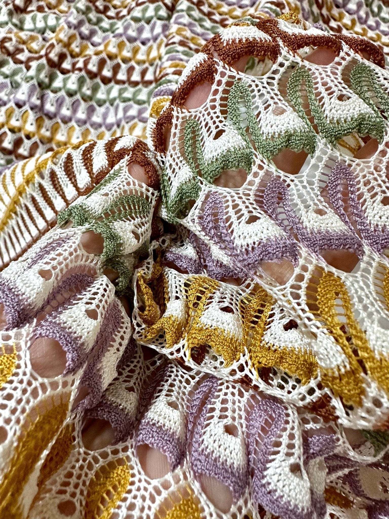 Soft Color Zigzag Knit jersey mesh fabric with multicolor zigzag pattern and open knit texture for apparel and crafts