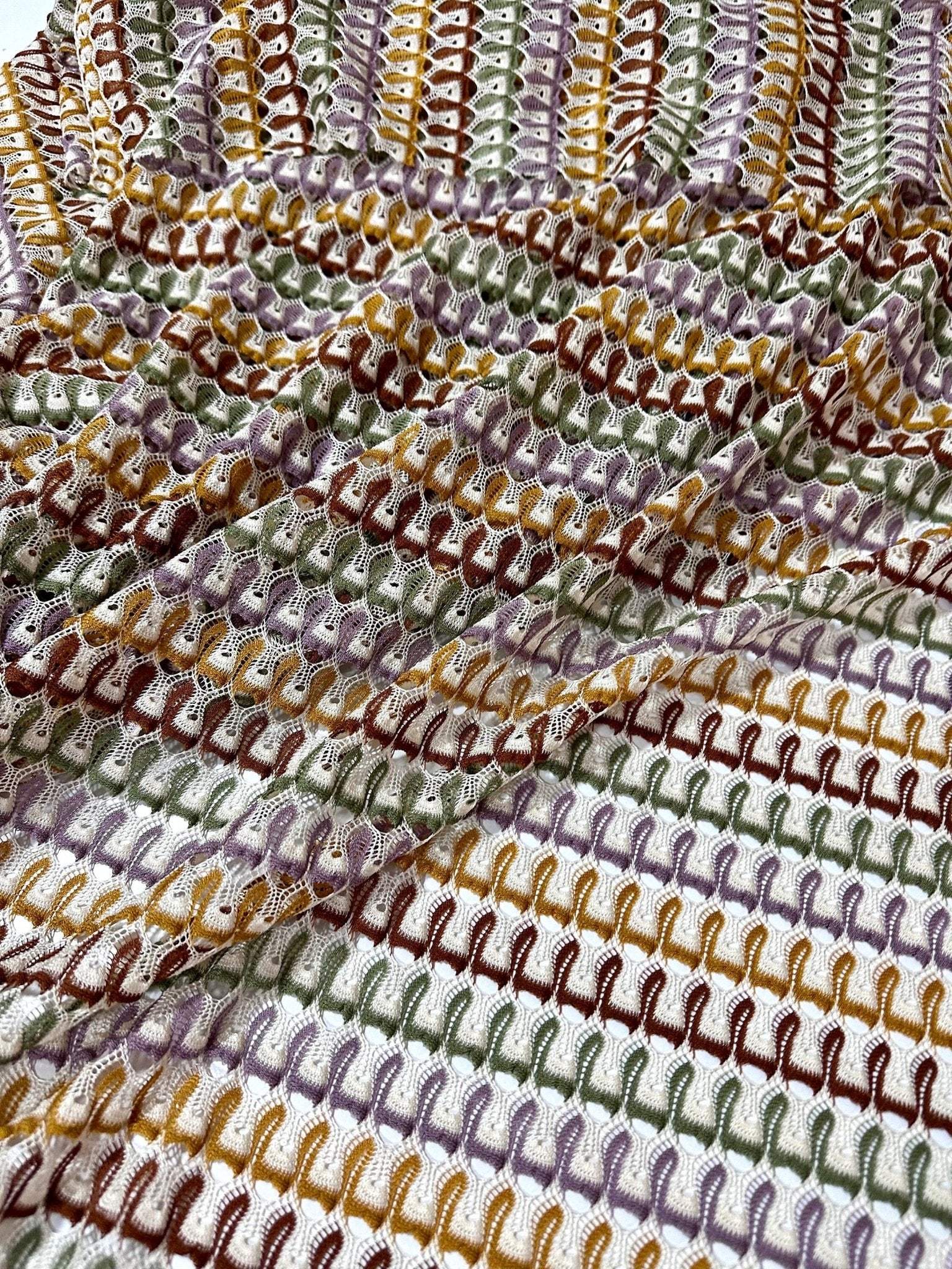 Soft Color Zigzag Knit Jersey Mesh Fabric with multicolor zigzag pattern and soft texture for crafting apparel