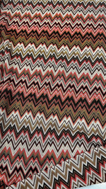 Coral zigzag knit jersey fabric with luxury mesh Italian design in coral, black, white, and brown colors