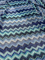 Zigzag knitted mesh fabric in blue and white chevron pattern with soft, stretchy texture and 150 cm width for versatile sewing projects