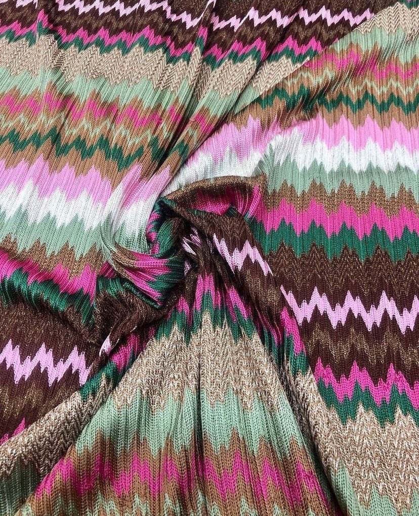 Shiny Zigzag Knit Jersey Mesh fabric with colorful zigzag pattern and soft stretch texture