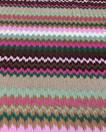 Shiny zigzag knit jersey mesh fabric with multicolor stripes and textured pattern