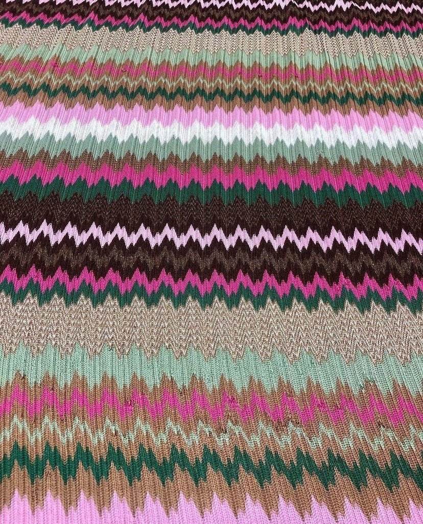 Shiny zigzag knit jersey mesh fabric with multicolor stripes and textured pattern