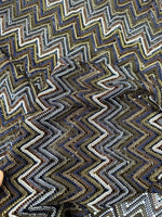 shimmering zigzag knitted mesh fabric with elastic jersey texture in blue, gold, and brown tones