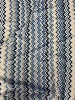 Stretch Lurex Fabric with blue and beige zigzag pattern and 4-way stretch mesh texture