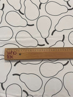 Minimalist pear print fabric with black outlined pears on white background and ruler for scale