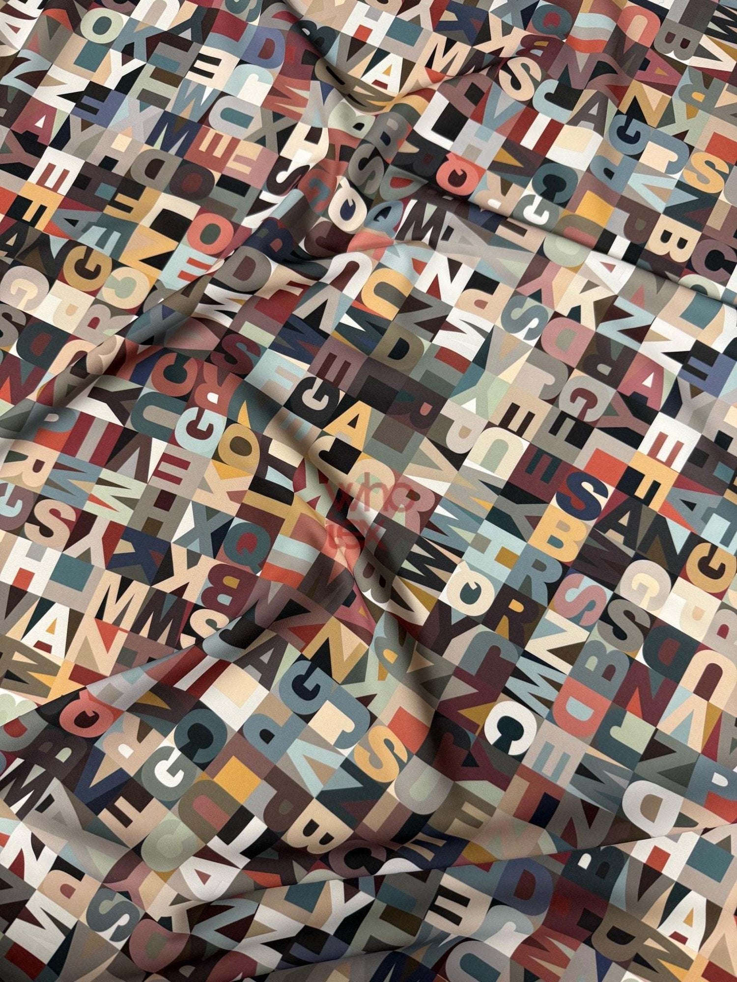 Colorful modern alphabet pattern fabric with vibrant typography design by the yard