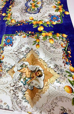 Floral Mosaic Lemon Angel Pattern Fabric with cherub and lemon fruit design on blue and white background