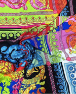 Vibrant multi-color Baroque pattern fabric with intricate floral and ornamental designs, ideal for sewing and crafting.