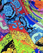 Vibrant multi-color Baroque pattern fabric with intricate floral and ornamental designs by the yard, 150cm wide.