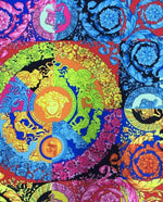 Vibrant multi-color Baroque pattern fabric with intricate circular floral and ornamental designs, 150cm wide.