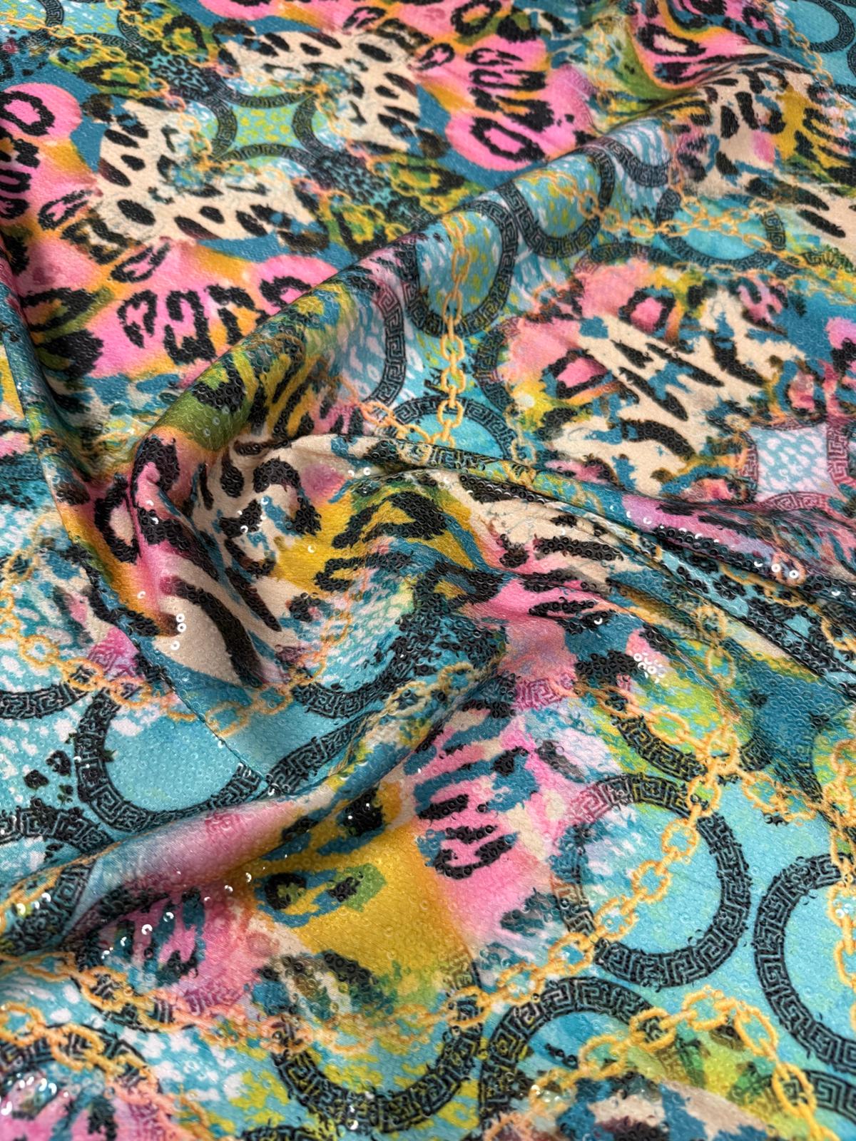 Multicolour Animal & Chain Print Sequin Fabric - Whotex Fabrics London
