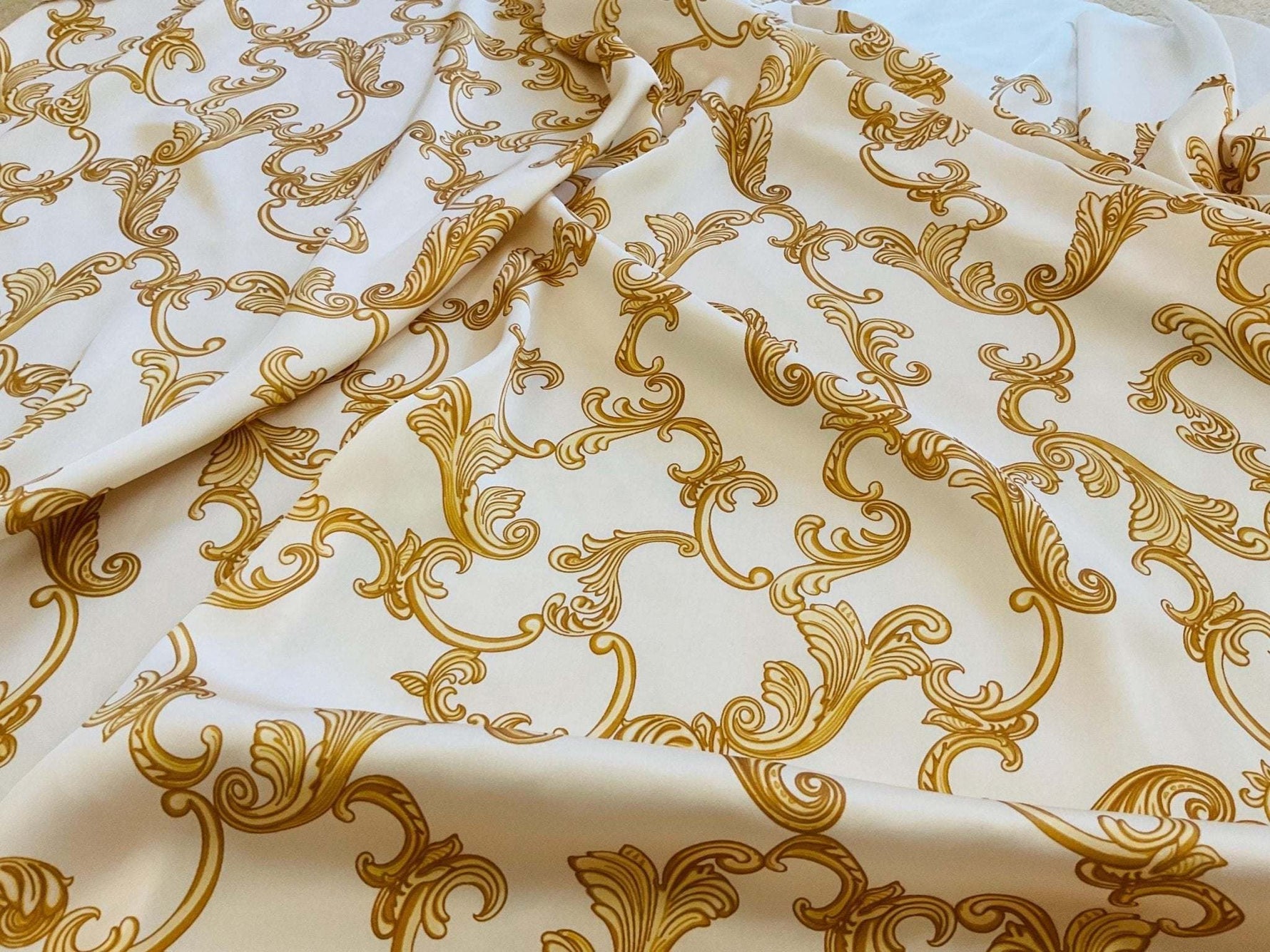 Cream fabric with gold baroque pattern for dresswear, high-quality luxurious textile