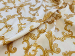 high-quality Baroque pattern dresswear fabric in navy blue with elegant gold ornate design
